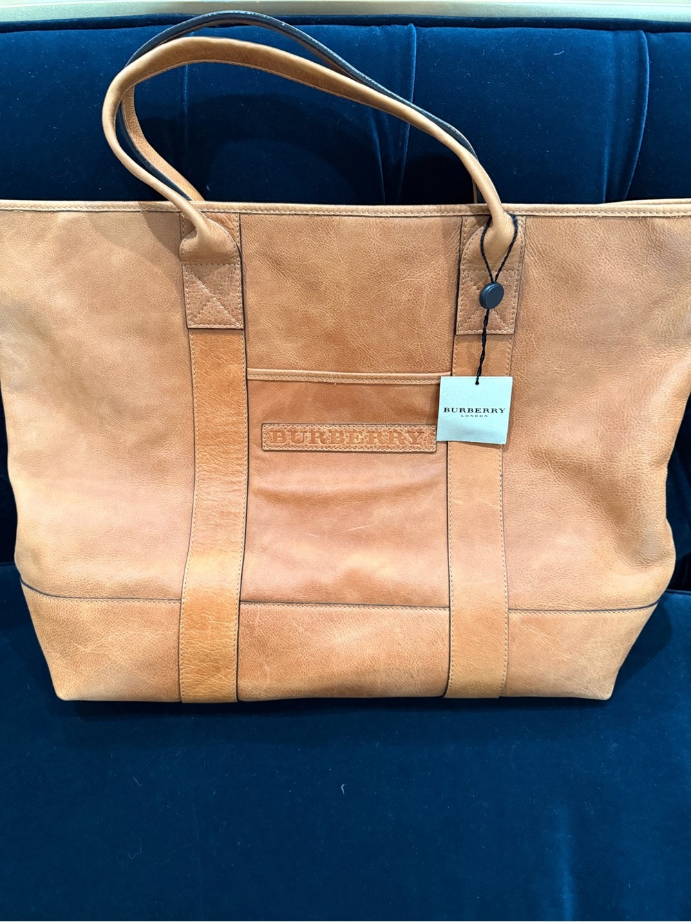 Burberry Tan Leather Tote with Embossed Front Logo and Double Straps